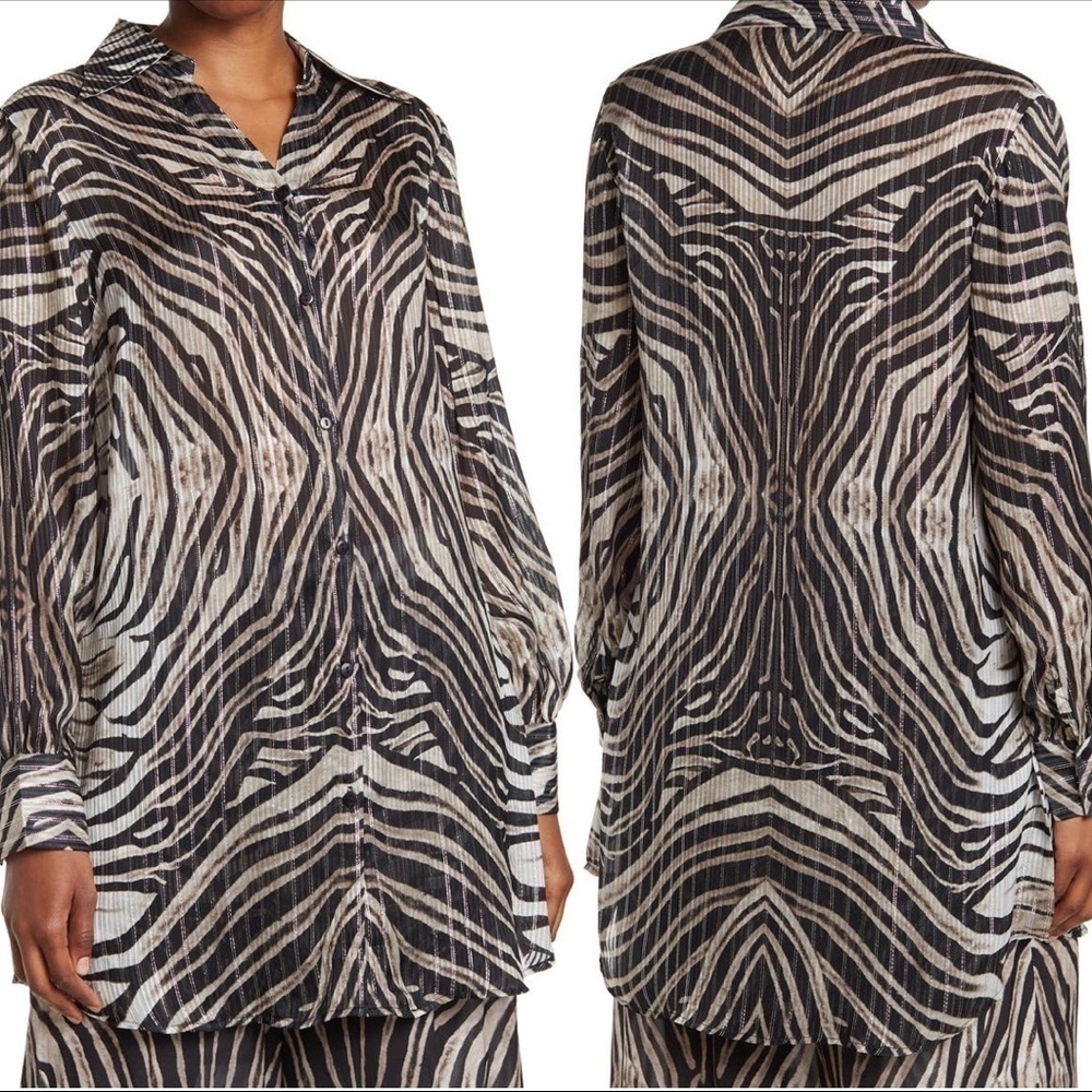 NWT SHAHIDA PARIDES Animal Print Zebra Metallic Button Down Shirt Sz M